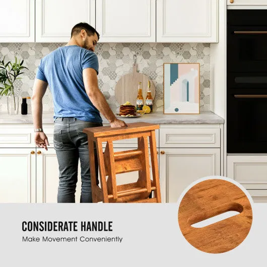 3-in-1 Rubber Wood Step Stool with Convenient Handle-Natural