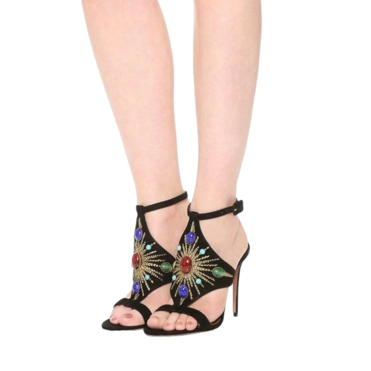 Aquazzura Firenze Suede & Multicolor Stone Cabochon Embellished Desert Sun 110 Sandal Heels