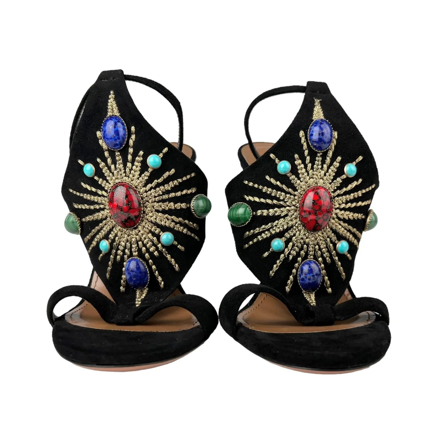 Aquazzura Firenze Suede & Multicolor Stone Cabochon Embellished Desert Sun 110 Sandal Heels
