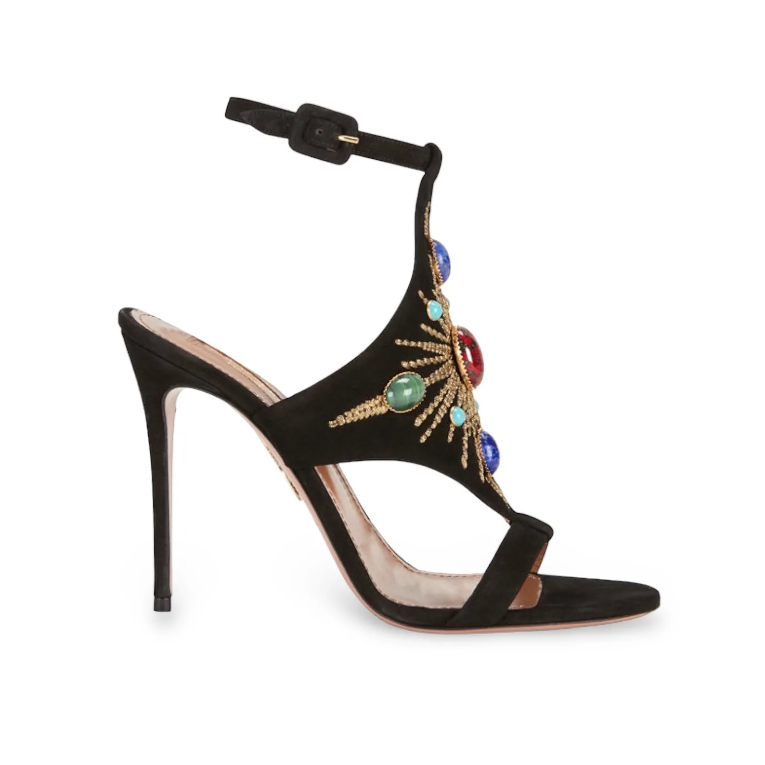 Aquazzura Firenze Suede & Multicolor Stone Cabochon Embellished Desert Sun 110 Sandal Heels