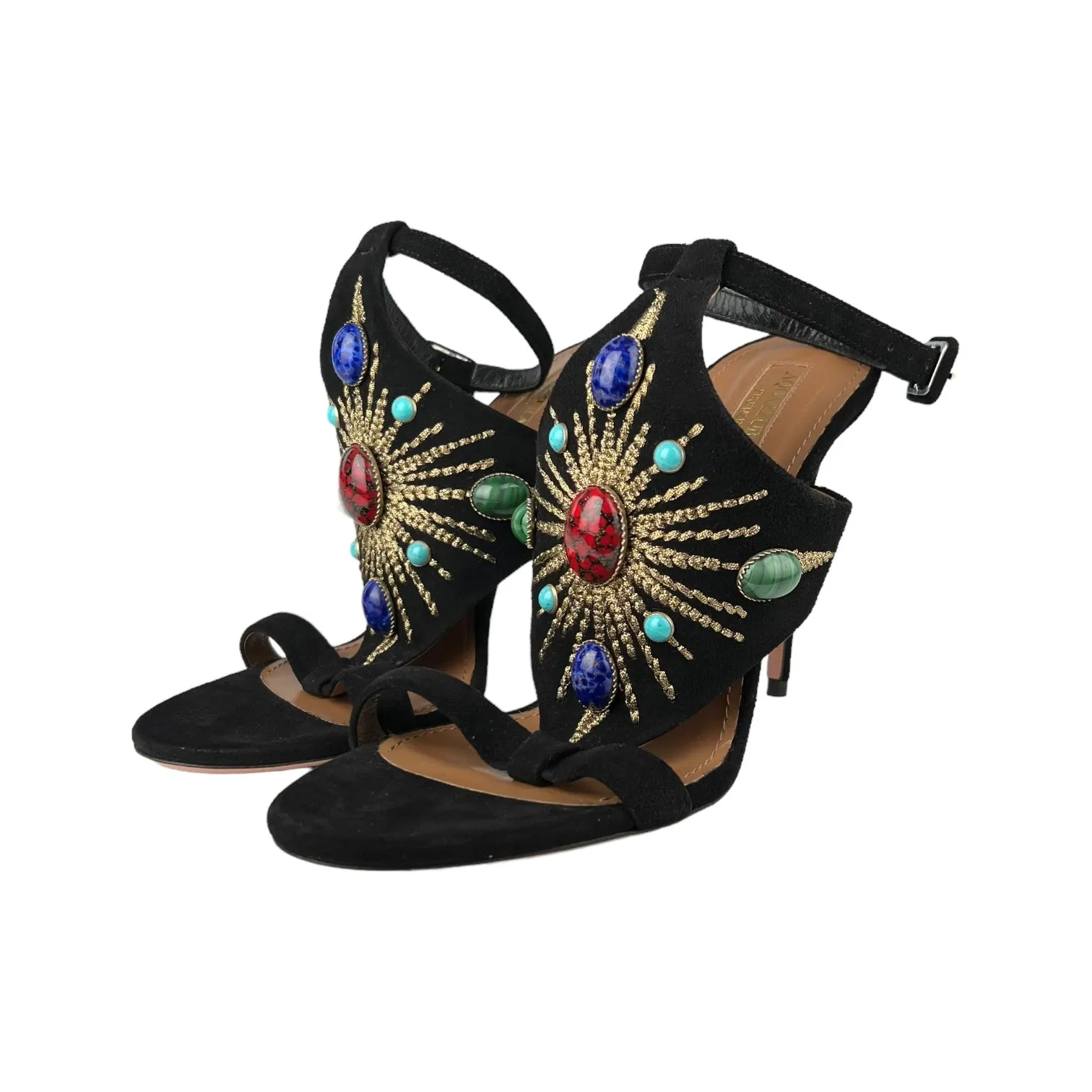 Aquazzura Firenze Suede & Multicolor Stone Cabochon Embellished Desert Sun 110 Sandal Heels