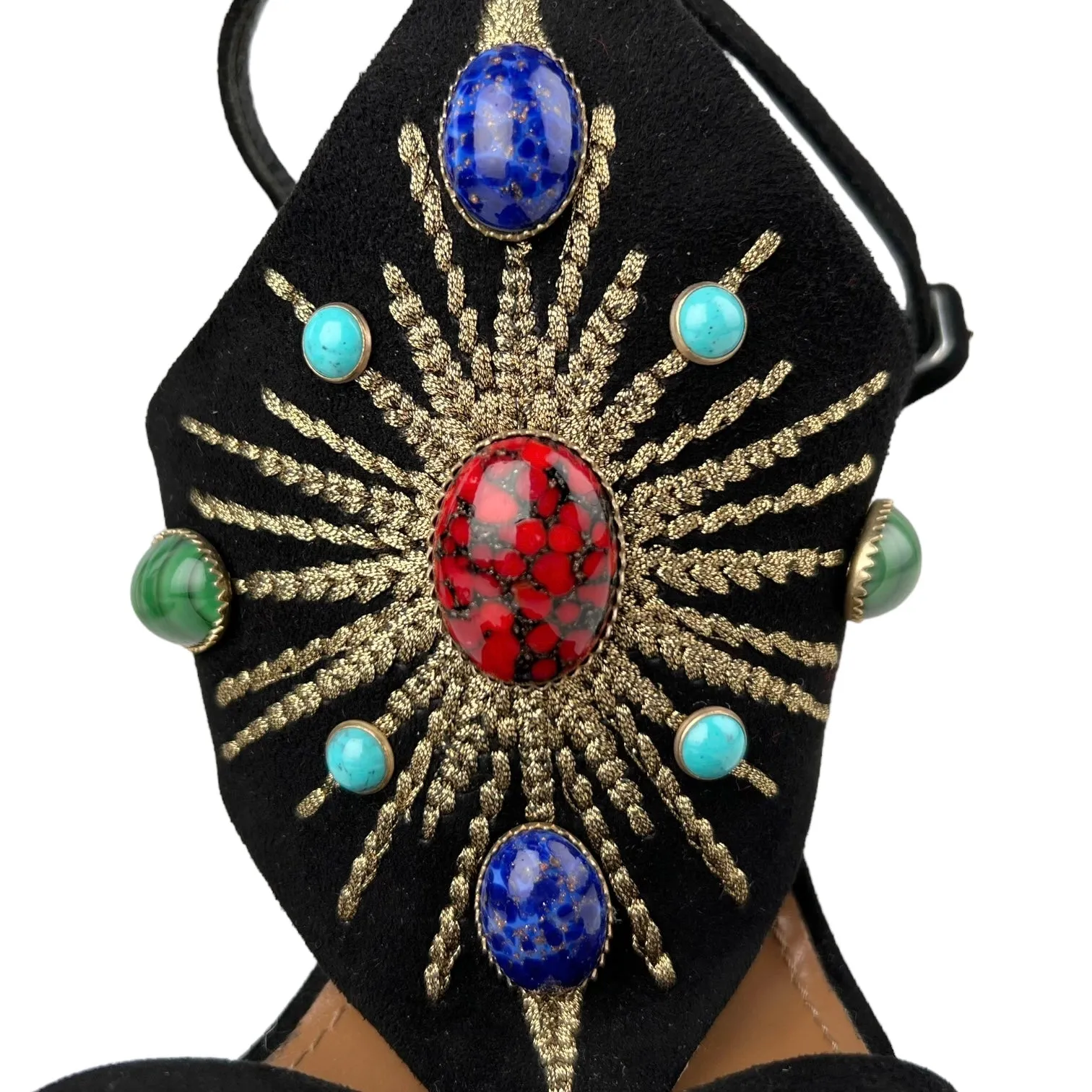Aquazzura Firenze Suede & Multicolor Stone Cabochon Embellished Desert Sun 110 Sandal Heels