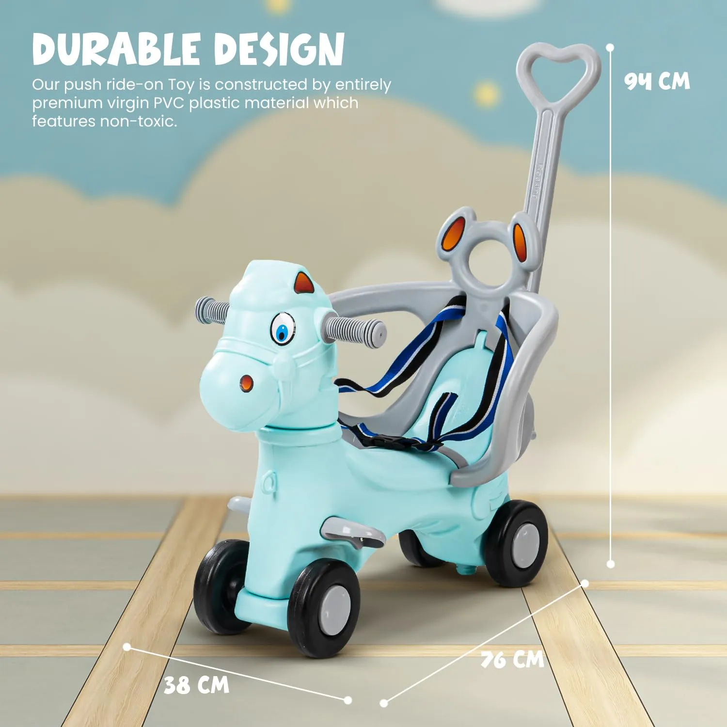 Baybee 3 In 1 Baby Horse Rider Kids Ride On Car For Kids,Push Ride On Toy With Rocker,Push Handle,Rotating Head & Safety Belt|Baby Car Rocking Horse|Kids Car For Toddlers 1 To 3 Year Boy Girl - Green
