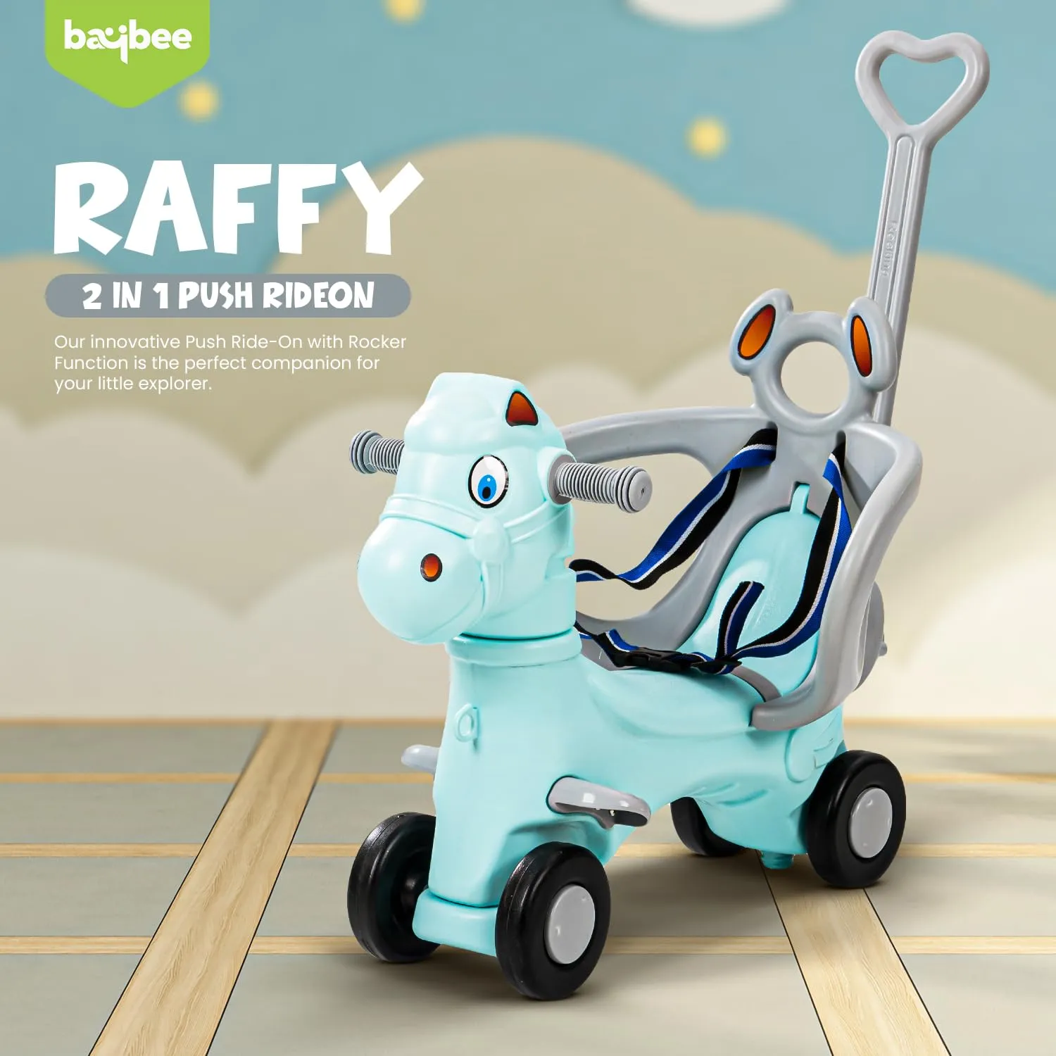 Baybee 3 In 1 Baby Horse Rider Kids Ride On Car For Kids,Push Ride On Toy With Rocker,Push Handle,Rotating Head & Safety Belt|Baby Car Rocking Horse|Kids Car For Toddlers 1 To 3 Year Boy Girl - Green