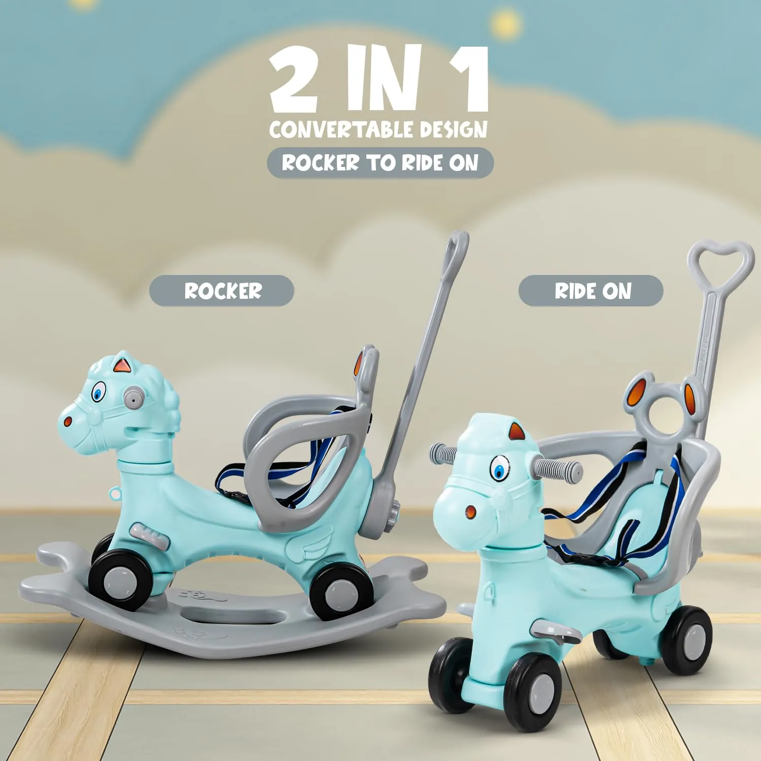 Baybee 3 In 1 Baby Horse Rider Kids Ride On Car For Kids,Push Ride On Toy With Rocker,Push Handle,Rotating Head & Safety Belt|Baby Car Rocking Horse|Kids Car For Toddlers 1 To 3 Year Boy Girl - Green