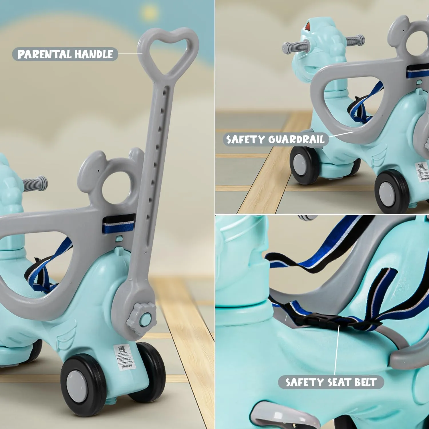 Baybee 3 In 1 Baby Horse Rider Kids Ride On Car For Kids,Push Ride On Toy With Rocker,Push Handle,Rotating Head & Safety Belt|Baby Car Rocking Horse|Kids Car For Toddlers 1 To 3 Year Boy Girl - Green