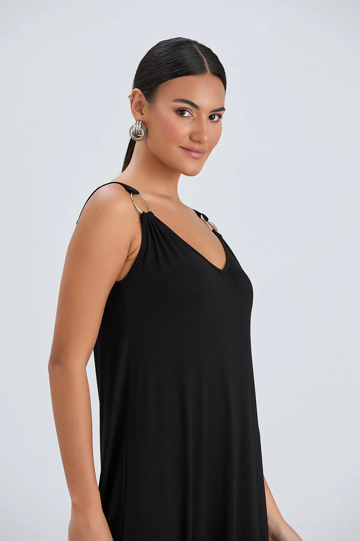 Black Oversized Maxi Dress with Metal Ring Detail