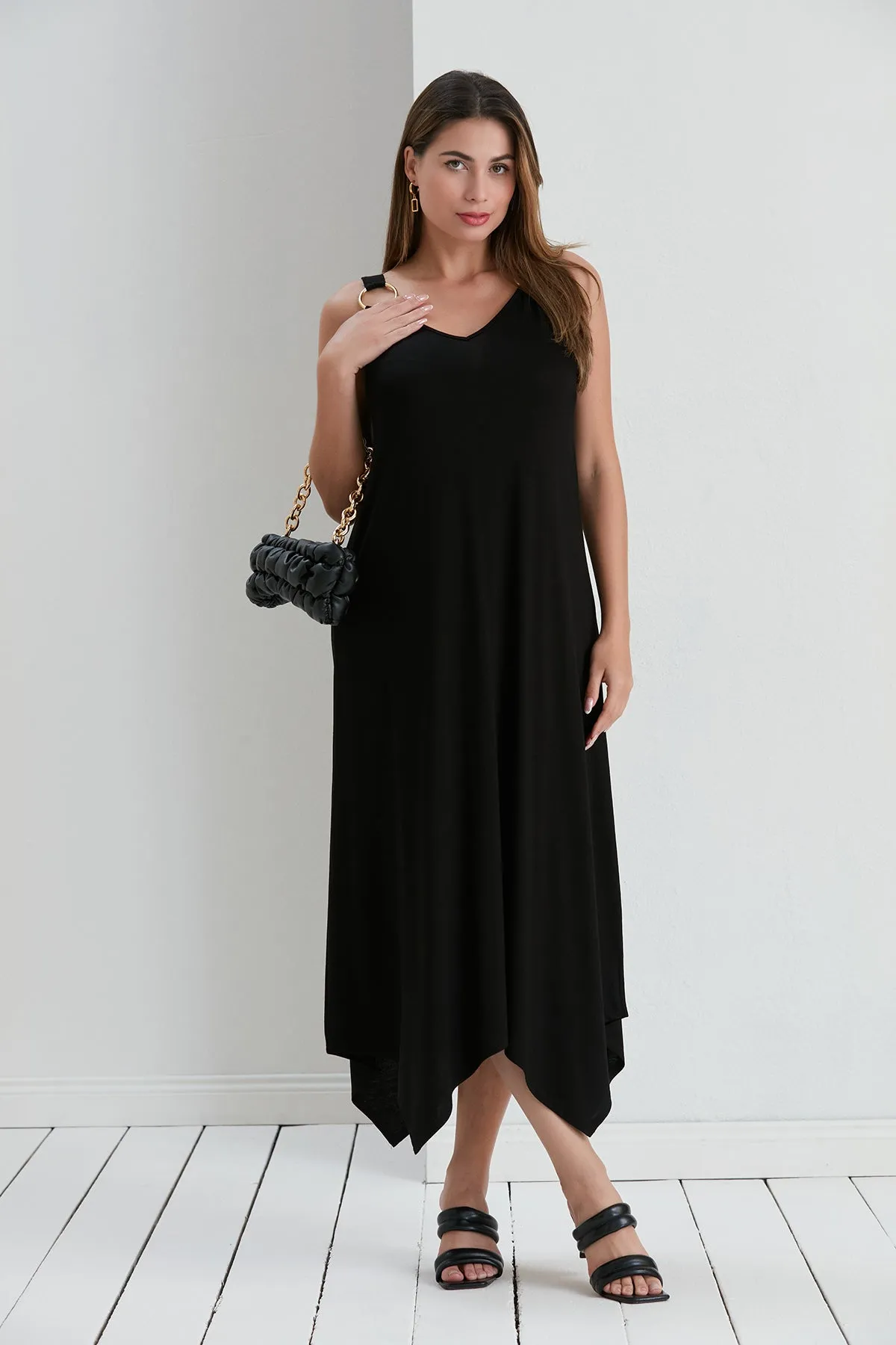 Black Oversized Maxi Dress with Metal Ring Detail