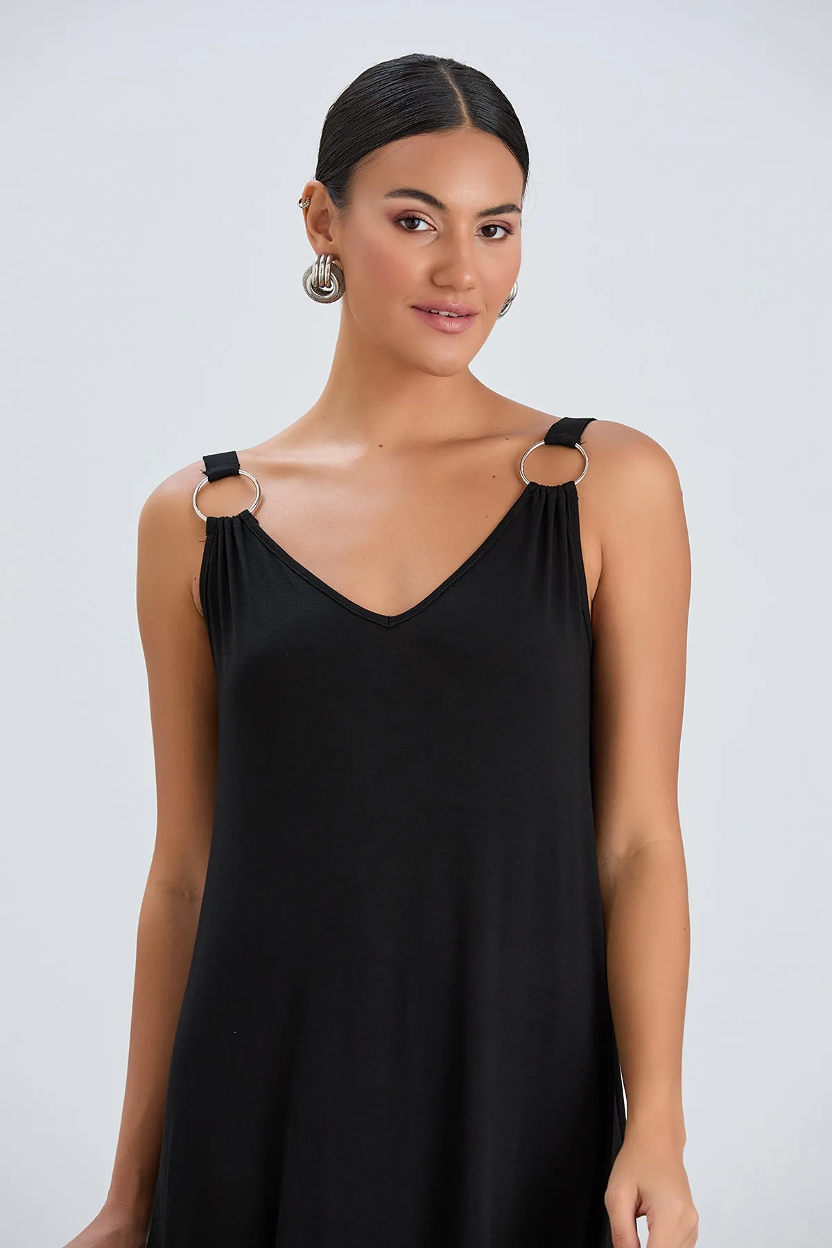 Black Oversized Maxi Dress with Metal Ring Detail