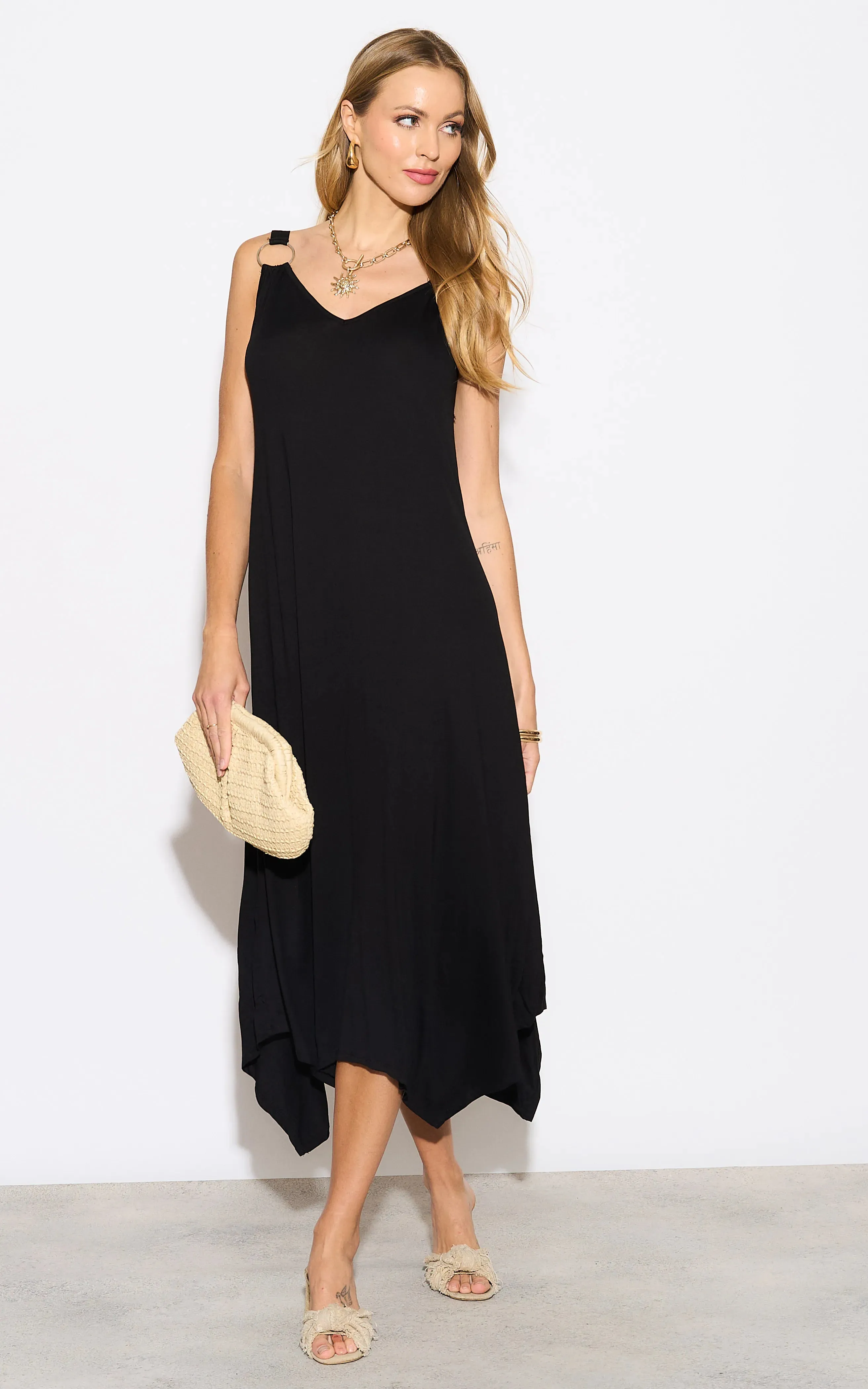 Black Oversized Maxi Dress with Metal Ring Detail