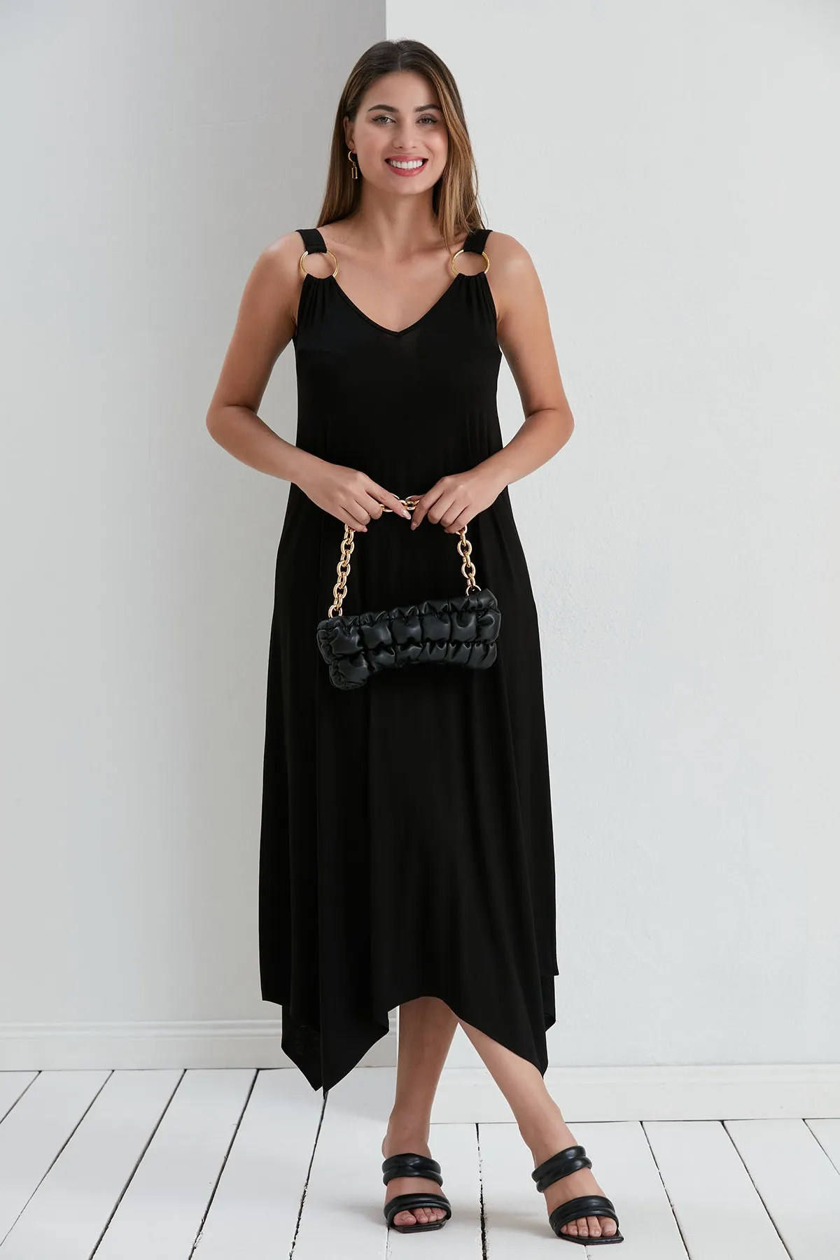 Black Oversized Maxi Dress with Metal Ring Detail
