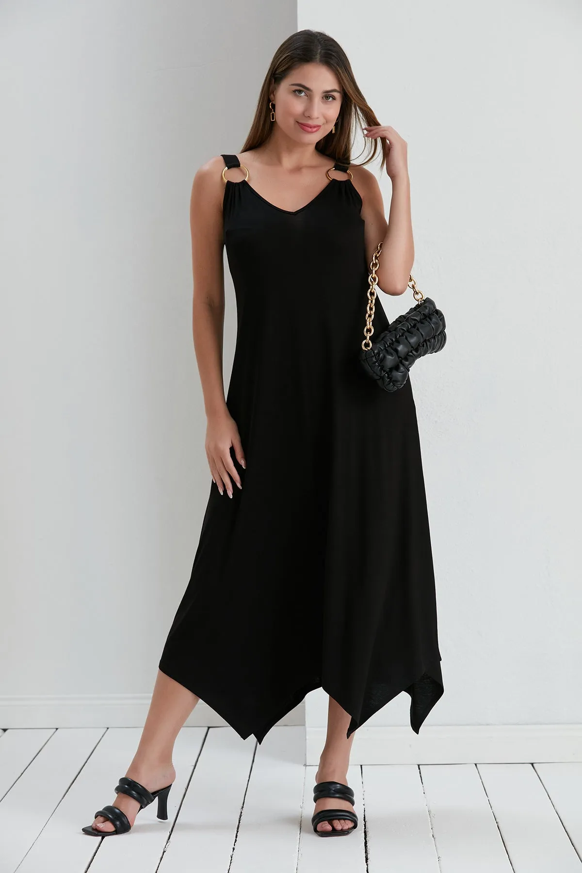 Black Oversized Maxi Dress with Metal Ring Detail