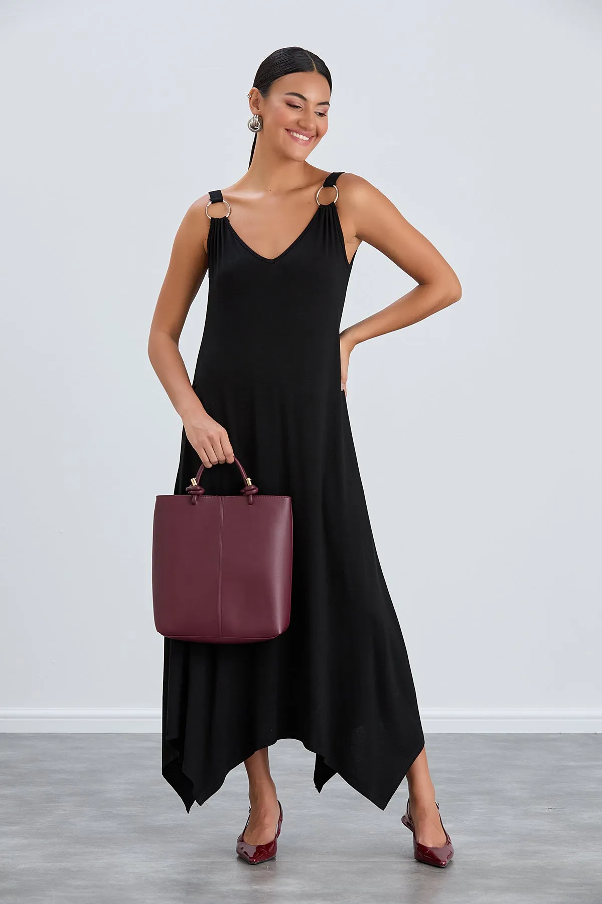 Black Oversized Maxi Dress with Metal Ring Detail