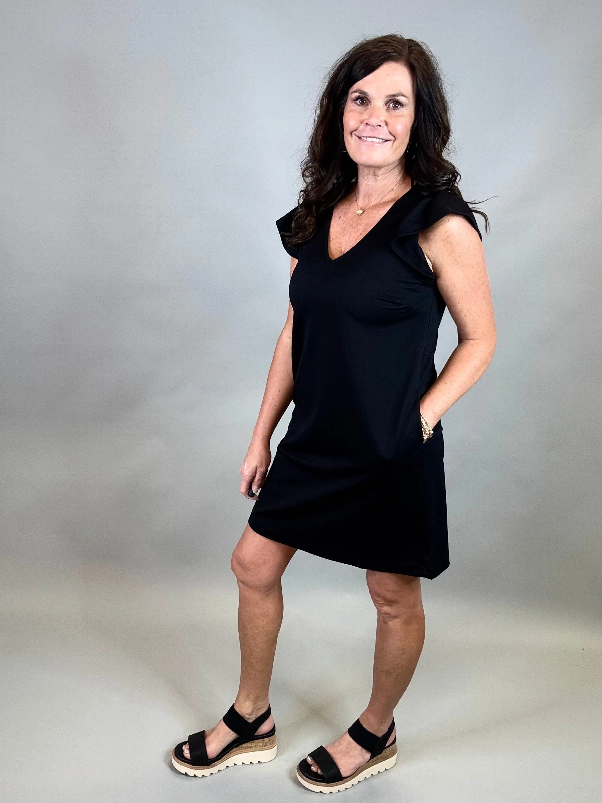 Black Ruffle Sleeve Shift Dress