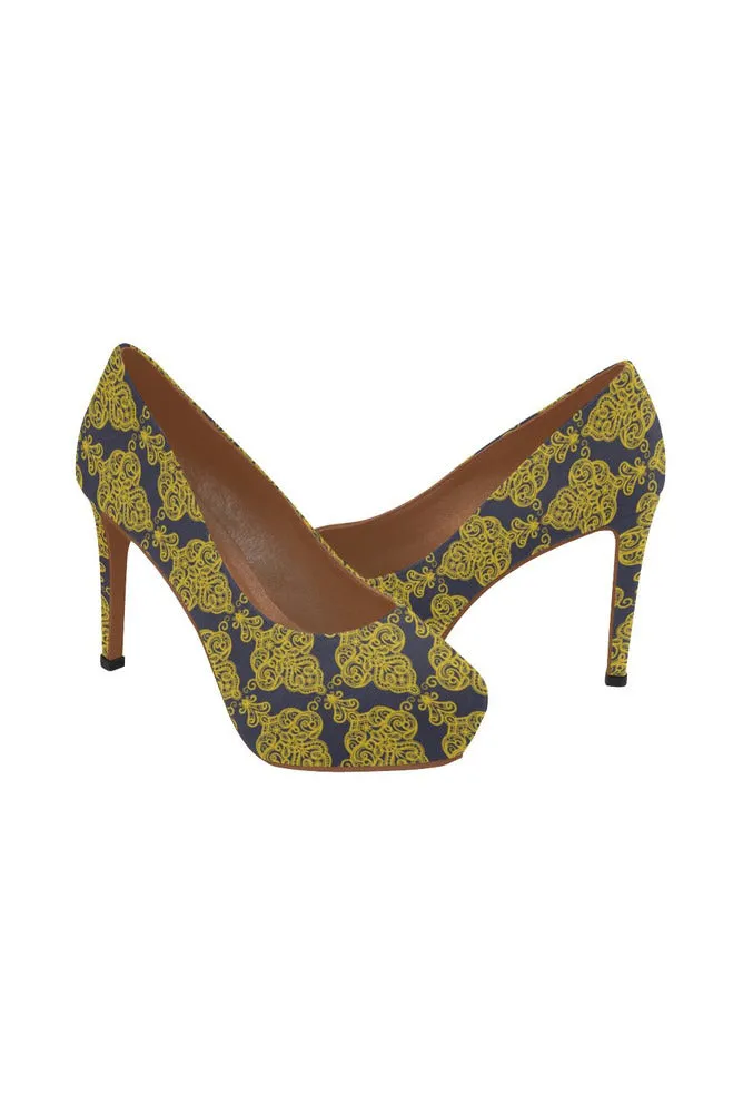 blue gold lace Women's High Heels (Model 044)