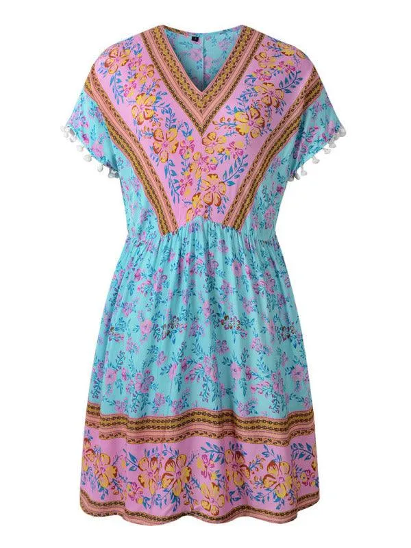 Bohemian Blossom V Neck Rayon Dress - Your Essential Summer Companion