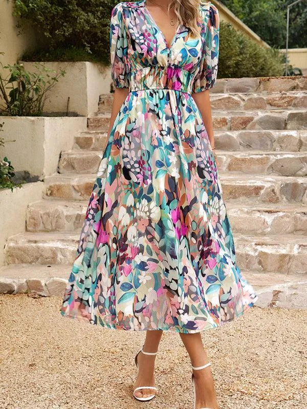 Bohemian Elegance V-Neck Dress with Stylish Waist Accents