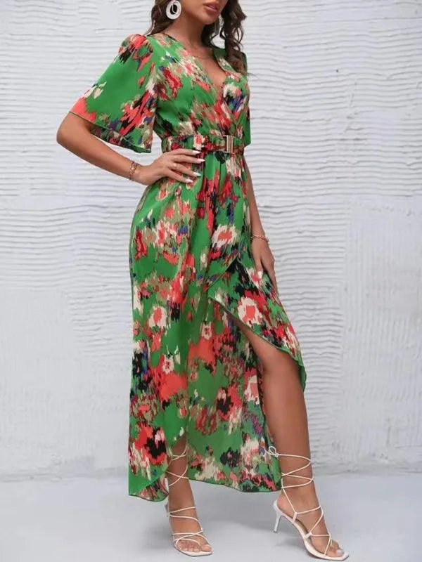 Bohemian Floral V-Neck Summer Dress with Asymmetrical Hem