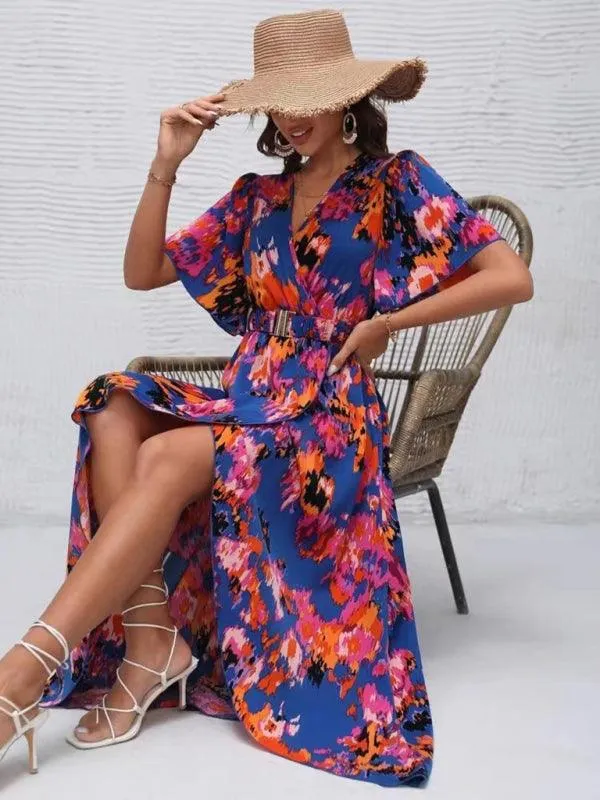 Bohemian Floral V-Neck Summer Dress with Asymmetrical Hem