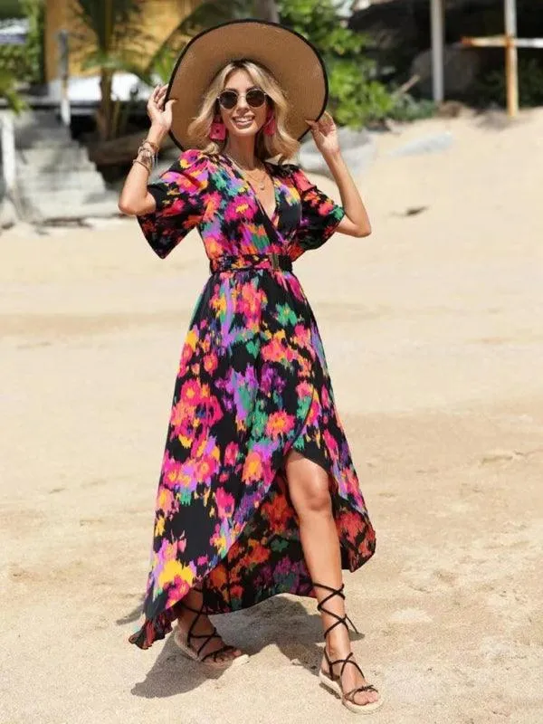 Bohemian Floral V-Neck Summer Dress with Asymmetrical Hem