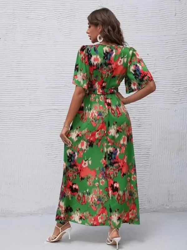 Bohemian Floral V-Neck Summer Dress with Asymmetrical Hem