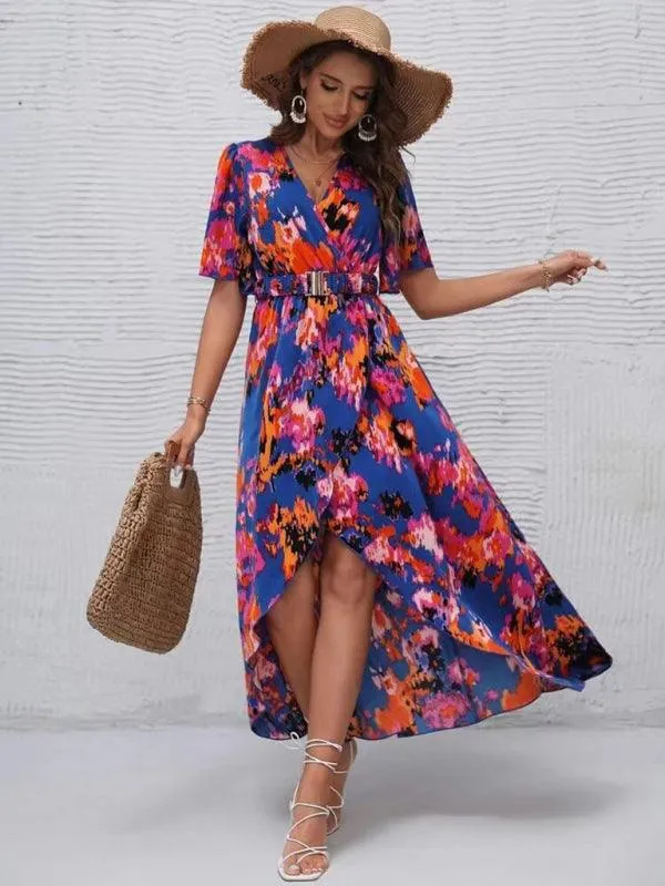 Bohemian Floral V-Neck Summer Dress with Asymmetrical Hem
