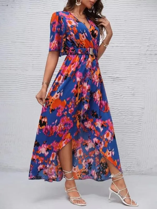 Bohemian Floral V-Neck Summer Dress with Asymmetrical Hem