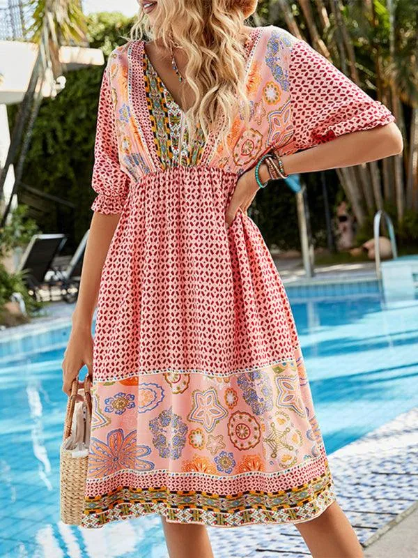 Chic Bohemian Short Sleeve V-Neck Dress for Women
