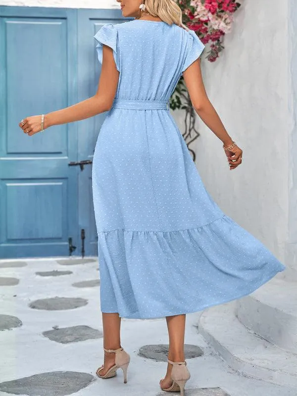 Chic Lace V-Neck Casual Dress with Adjustable Waist Tie - Multiple Color Options Available
