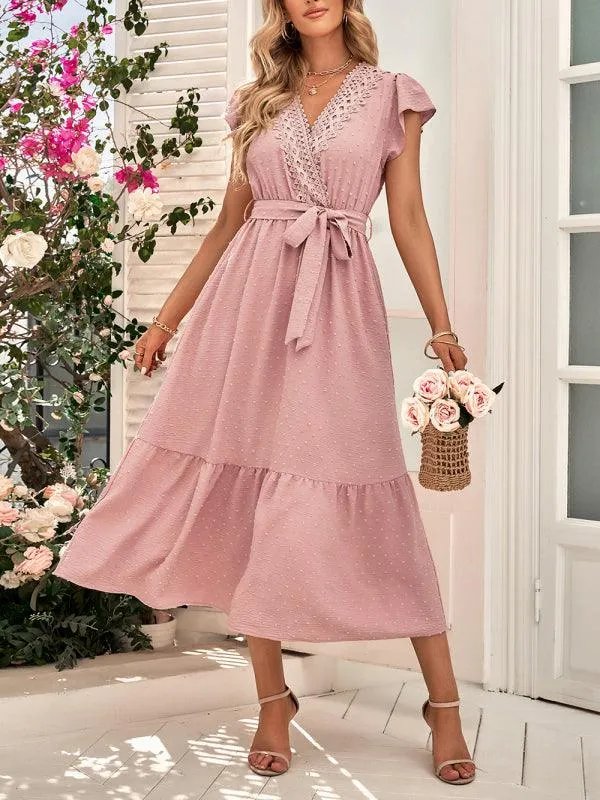 Chic Lace V-Neck Casual Dress with Adjustable Waist Tie - Multiple Color Options Available