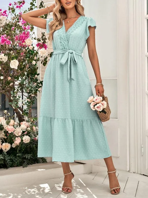 Chic Lace V-Neck Casual Dress with Adjustable Waist Tie - Multiple Color Options Available