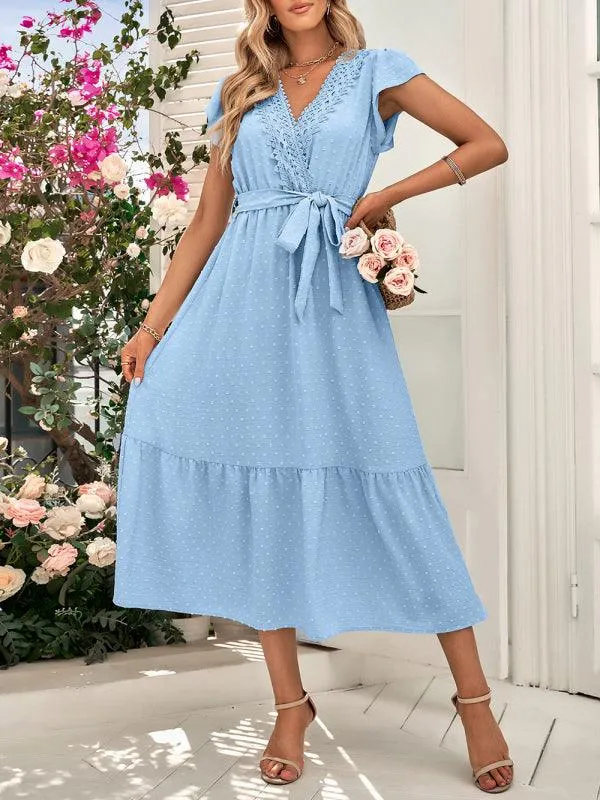 Chic Lace V-Neck Casual Dress with Adjustable Waist Tie - Multiple Color Options Available