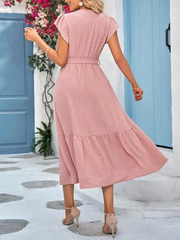 Chic Lace V-Neck Casual Dress with Adjustable Waist Tie - Multiple Color Options Available