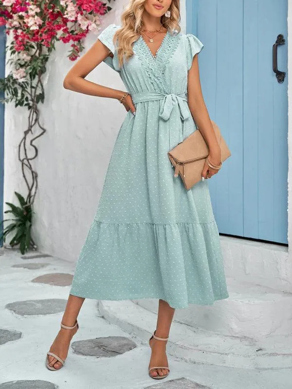 Chic Lace V-Neck Casual Dress with Adjustable Waist Tie - Multiple Color Options Available