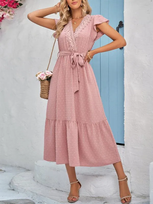 Chic Lace V-Neck Casual Dress with Adjustable Waist Tie - Multiple Color Options Available