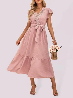 Chic Lace V-Neck Casual Dress with Adjustable Waist Tie - Multiple Color Options Available
