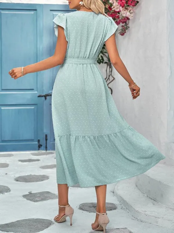 Chic Lace V-Neck Casual Dress with Adjustable Waist Tie - Multiple Color Options Available