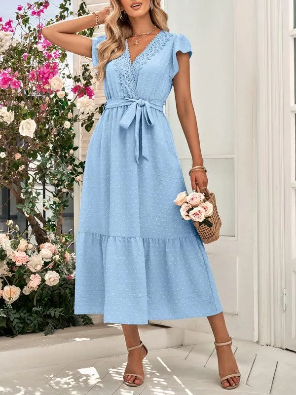 Chic Lace V-Neck Casual Dress with Adjustable Waist Tie - Multiple Color Options Available