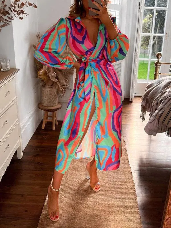 Chic Printed Lantern Sleeve Midi Dress with Tie Slit Detail