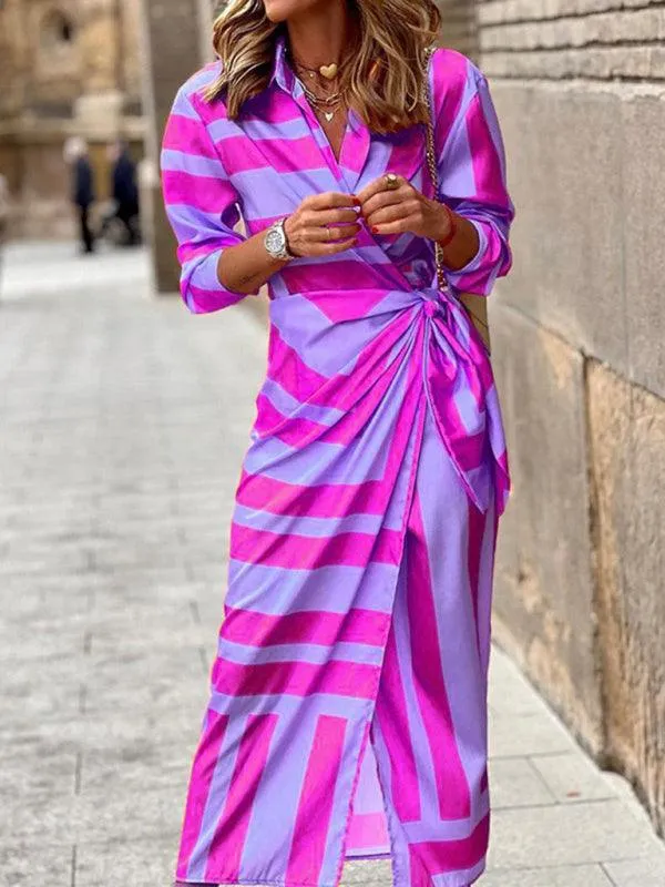 Chic Printed Lantern Sleeve Midi Dress with Tie Slit Detail