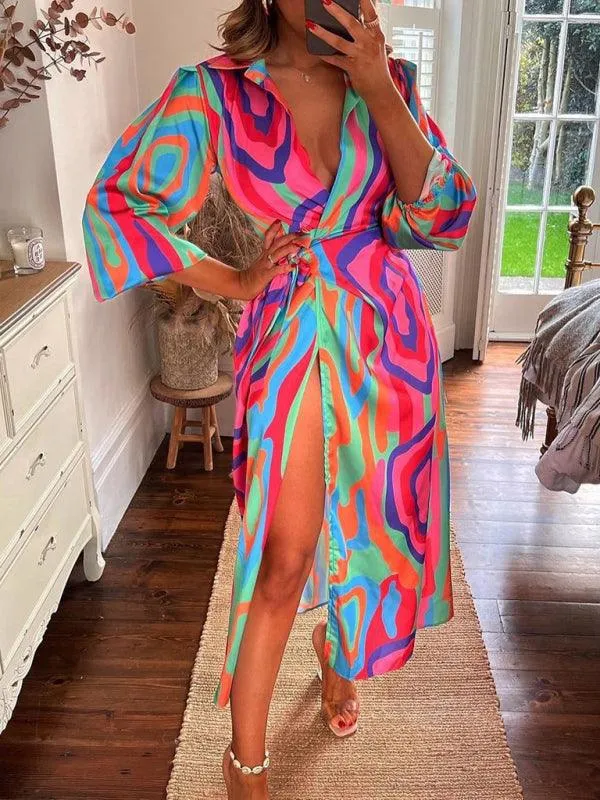 Chic Printed Lantern Sleeve Midi Dress with Tie Slit Detail