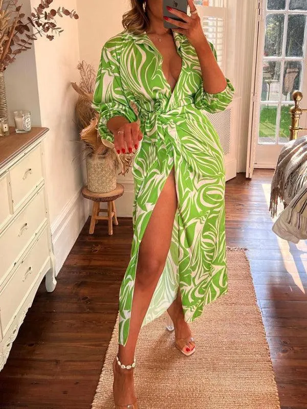 Chic Printed Lantern Sleeve Midi Dress with Tie Slit Detail