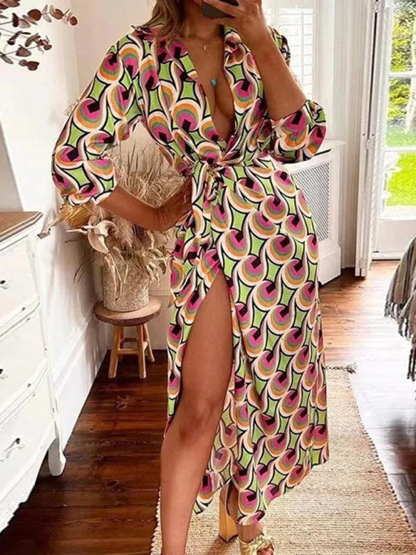 Chic Printed Lantern Sleeve Midi Dress with Tie Slit Detail