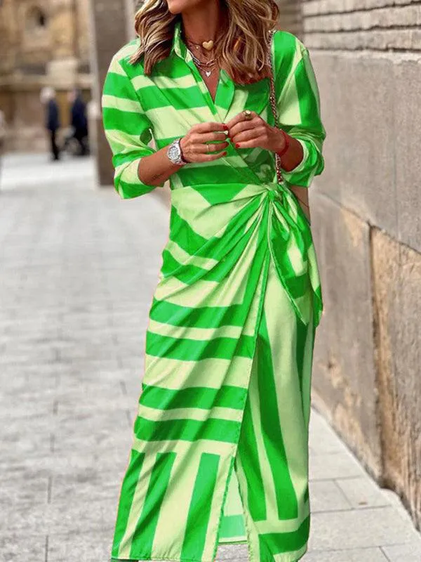 Chic Printed Lantern Sleeve Midi Dress with Tie Slit Detail