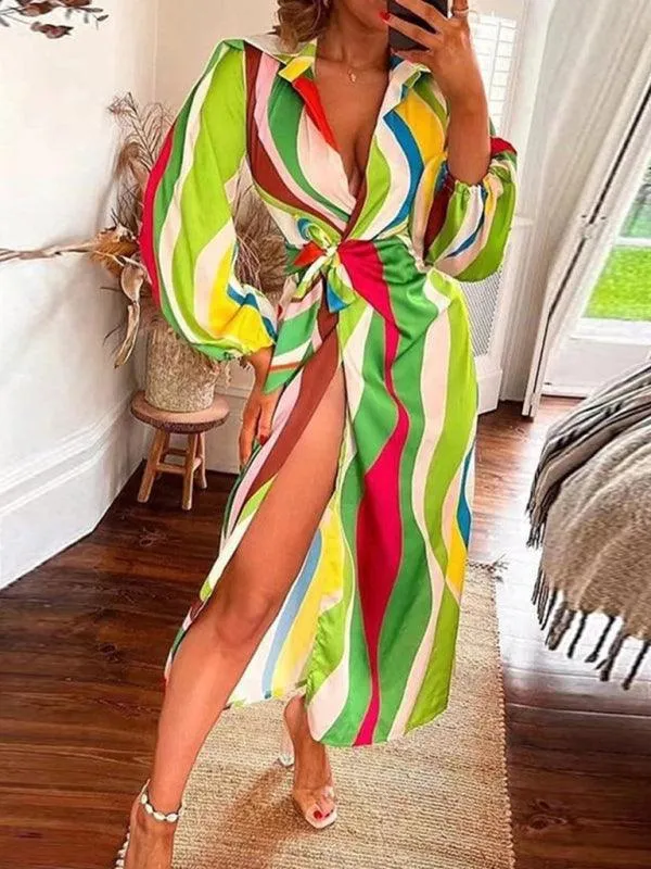 Chic Printed Lantern Sleeve Midi Dress with Tie Slit Detail