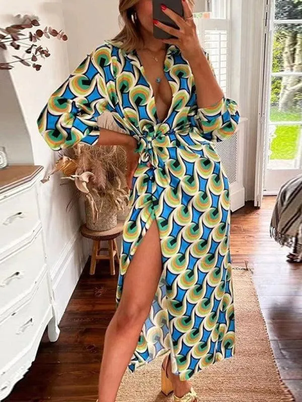 Chic Printed Lantern Sleeve Midi Dress with Tie Slit Detail
