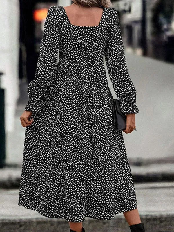 Chic Square Neck Printed Dress - Luxurious Fabric and Timeless Elegance