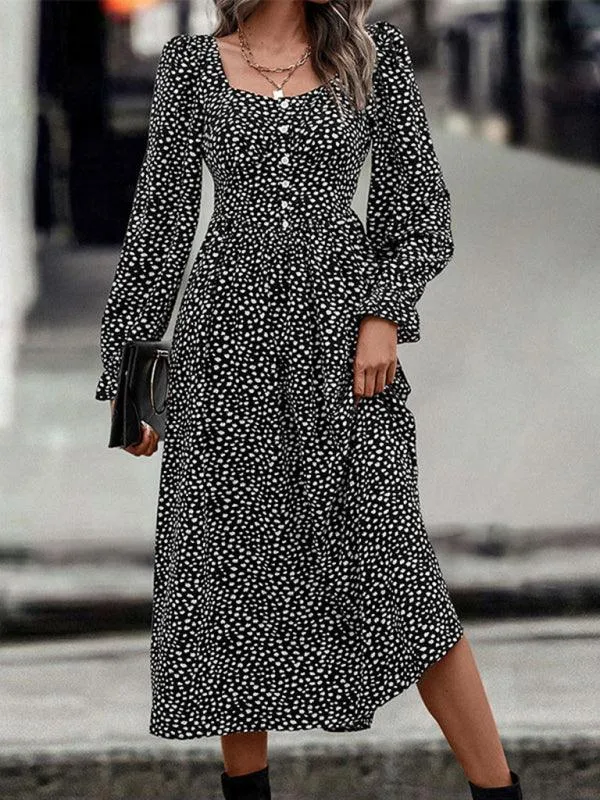 Chic Square Neck Printed Dress - Luxurious Fabric and Timeless Elegance