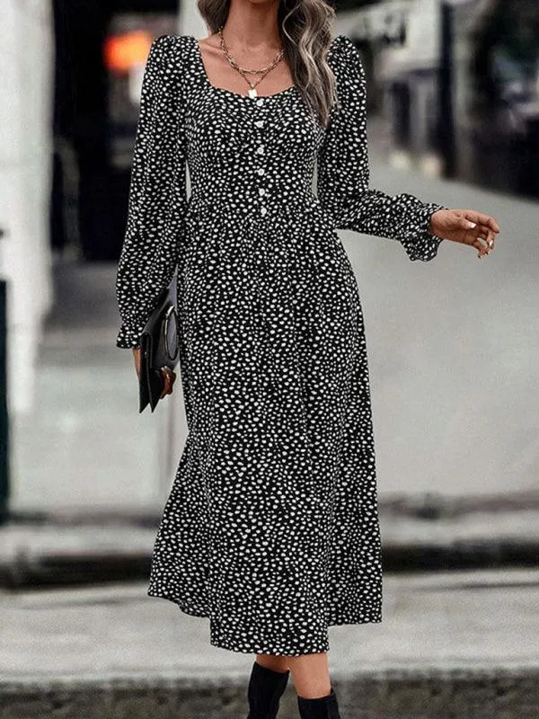 Chic Square Neck Printed Dress - Luxurious Fabric and Timeless Elegance
