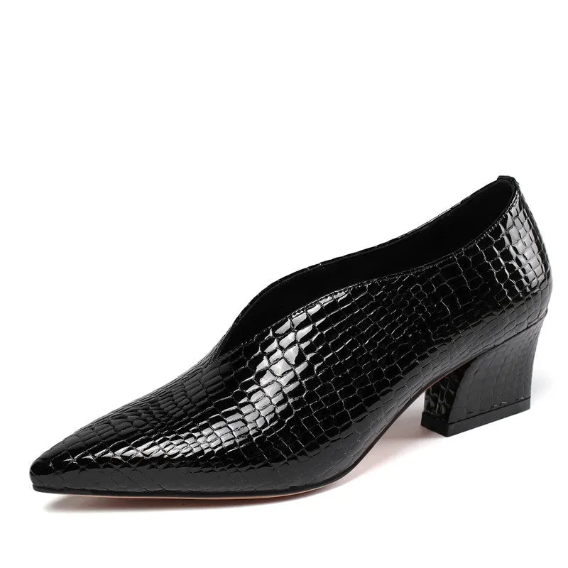 Dua V Cut Snake Print Chunky Heel Pumps